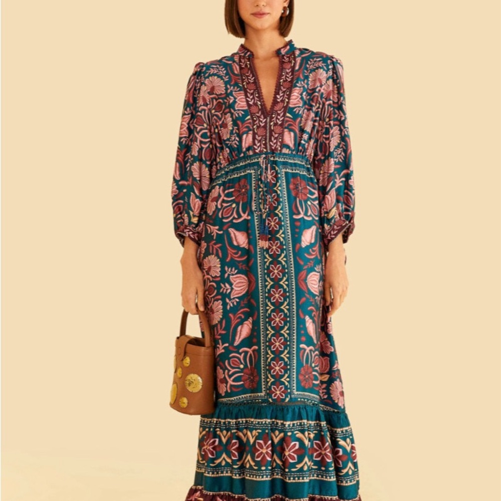 Farm Rio Teal Seashell Tapestry Lenzing™ Ecovero™ Viscose Maxi Dress
